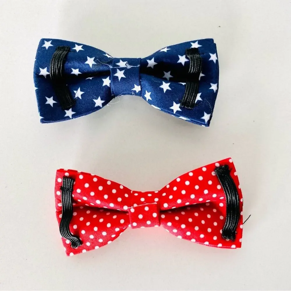NEW HANDMADE Navy Blue Stars White Red Polka Dot Dog Cat Collar Elastic Bow Tie